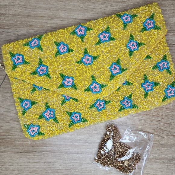 KAYLEE Yellow Floral Beaded Envelope Clutch Crossbody Bag NWT - Picture 2 of 6